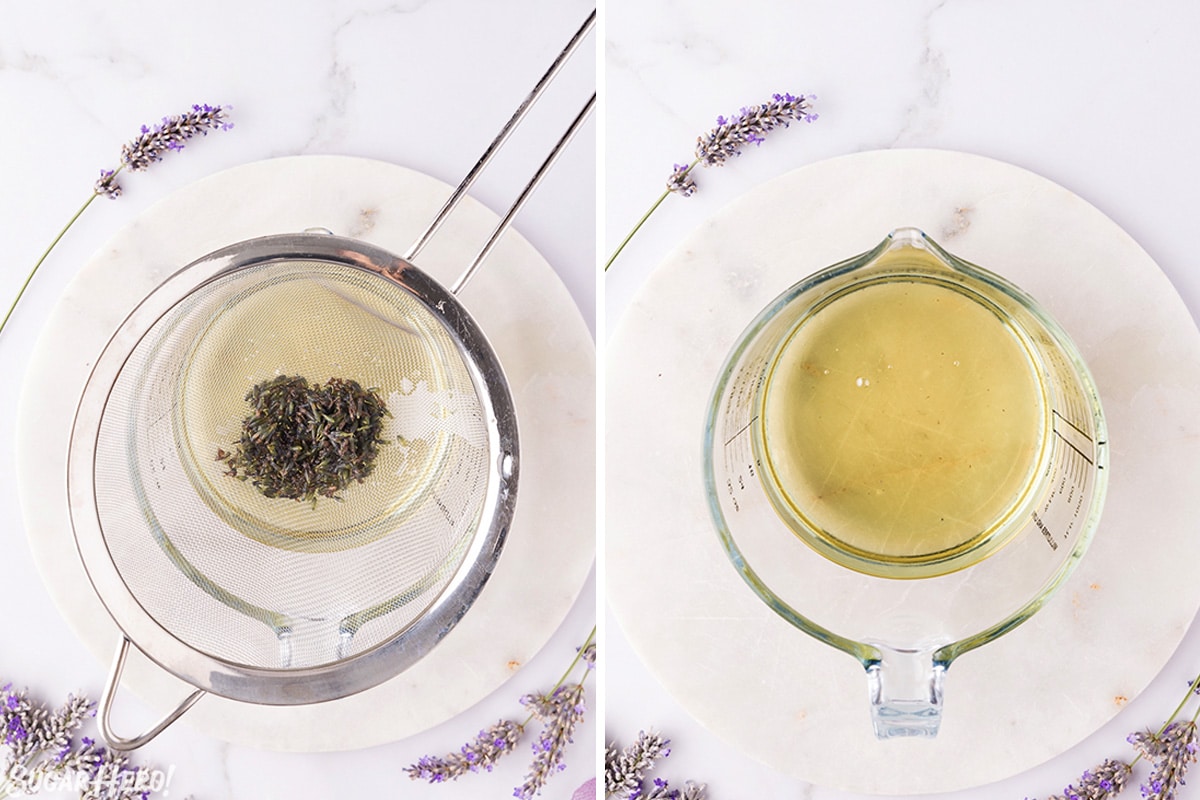Two photo collage showing how to strain lavender buds from simple syrup.