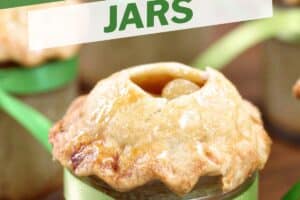 Photo of Pear Pie In A Jar with text overlay for Pinterest.