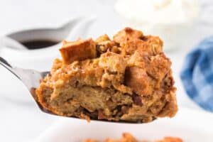 Photo of Pumpkin Bread Pudding with text overlay for Pinterest.