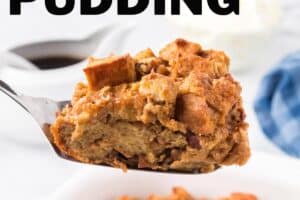Photo of Pumpkin Bread Pudding with text overlay for Pinterest.