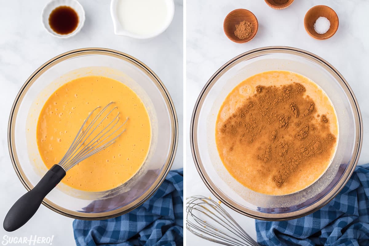 Two photo collage showing how to make Pumpkin Bread Pudding custard.
