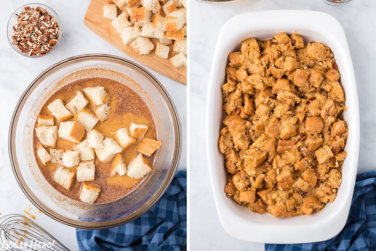 Two photo collage showing how to bake Pumpkin Bread Pudding.