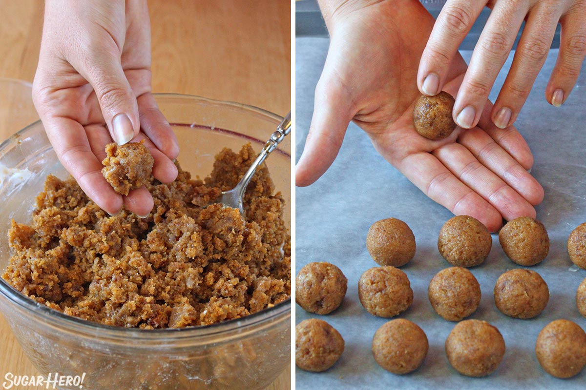 Two photo collage showing how to shape and roll Pumpkin Bread Truffles.