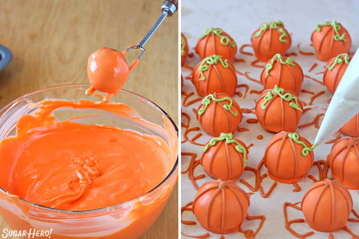 Two photo collage showing how to dip and decorate Pumpkin Bread Truffles.