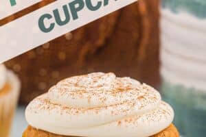 Photo of Pumpkin Spice Cupcakes with text overlay for Pinterest.