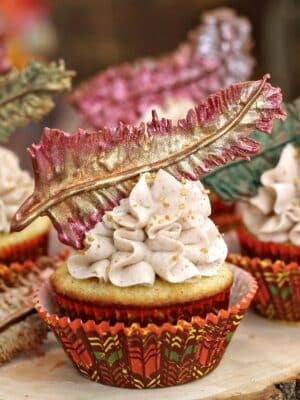 Spice Cupcake with a fall-colored cupcake wrapper and a chocolate feather on top.