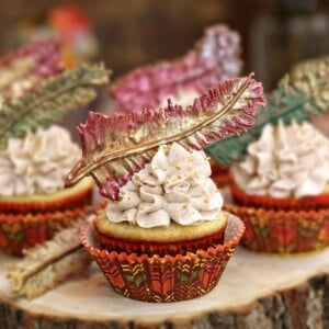 Photo of Spice Cupcakes on a wooden tree slice with chocolate feather decorations.