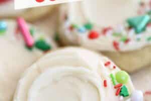 Picture of frosted soft sugar cookies with text overlay for Pinterest.