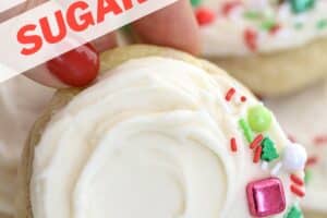Picture of frosted soft sugar cookies with text overlay for Pinterest.