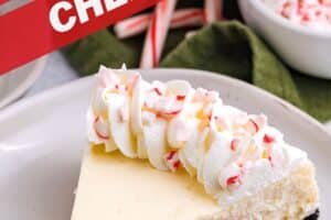 Picture of Candy Cane Cheesecake for with text overlay for Pinterest.