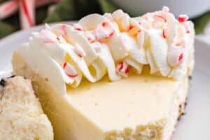 Picture of Candy Cane Cheesecake for with text overlay for Pinterest.