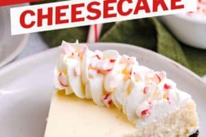 Picture of Candy Cane Cheesecake for with text overlay for Pinterest.