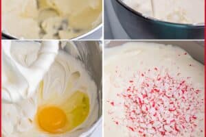 6 photo process collage for how to make Candy Cane Cheesecake for with text overlay for Pinterest.
