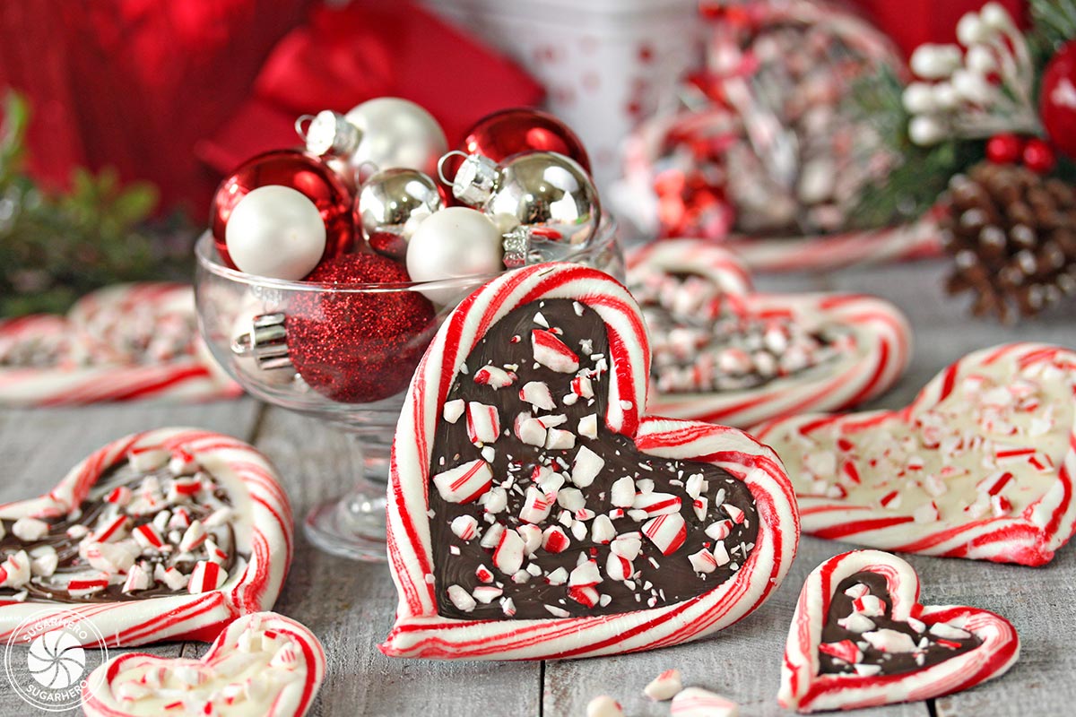 Assortment of Candy Cane Hearts, filled with dark chocolate and white chocolate.