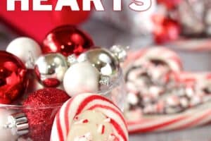 Photo of Candy Cane Hearts with text overlay for Pinterest.