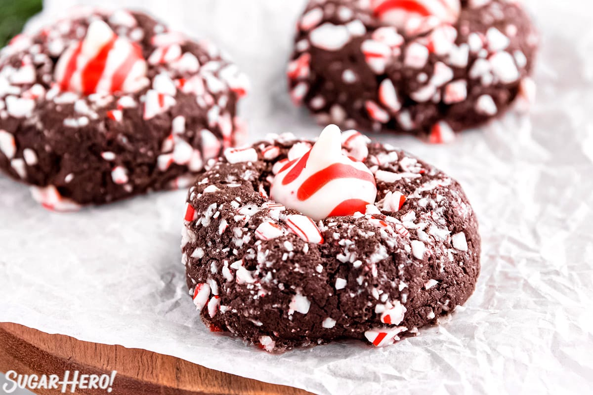 Close up of 3 Chocolate Peppermint Kiss Cookies.
