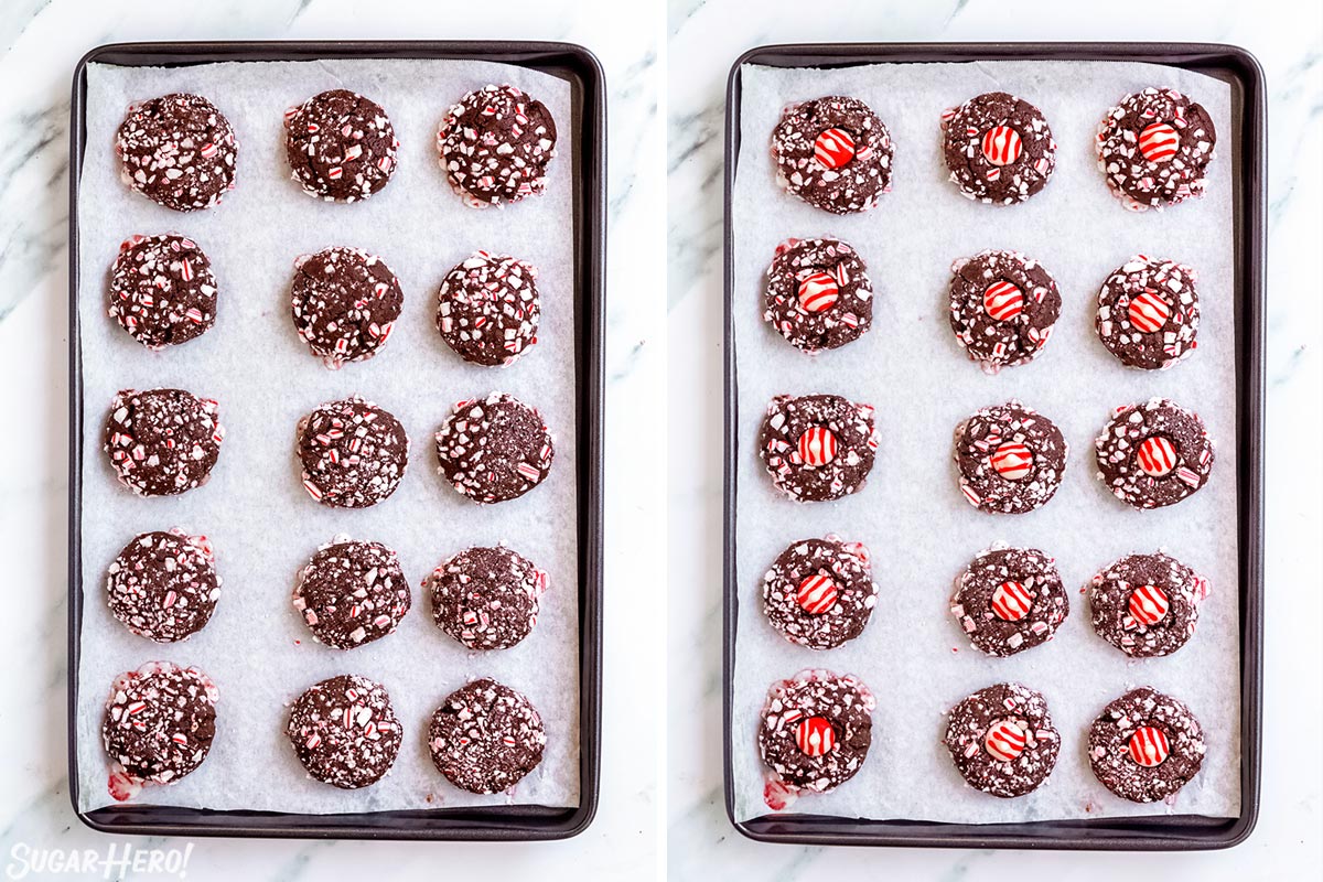 2 photo process picture of cooked Chocolate Peppermint Kiss Cookies and then placing the kisses on top.l