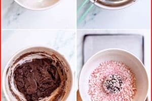6 photo collage tutorial for making Chocolate Peppermint Kiss Cookies with text overlay for pinterest.