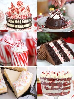 Collage of six Candy Cane Dessert recipes.