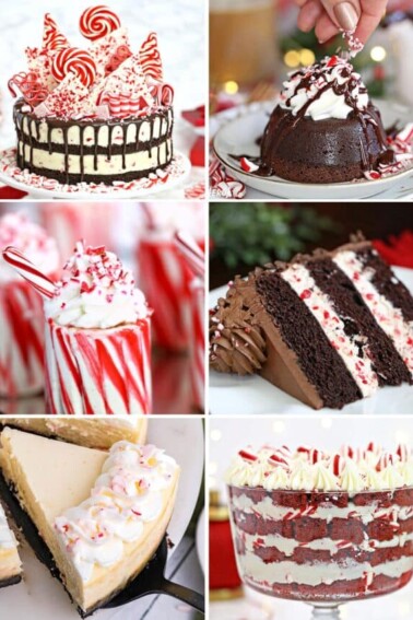 Collage of six Candy Cane Dessert recipes.