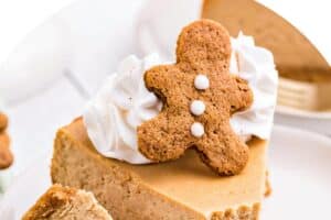 Picture of Gingerbread Cheesecake with text overlay for Pinterest.