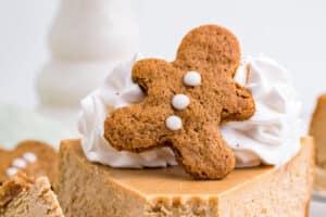 Picture of Gingerbread Cheesecake with text overlay for Pinterest.