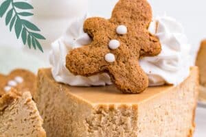 Picture of Gingerbread Cheesecake with text overlay for Pinterest.