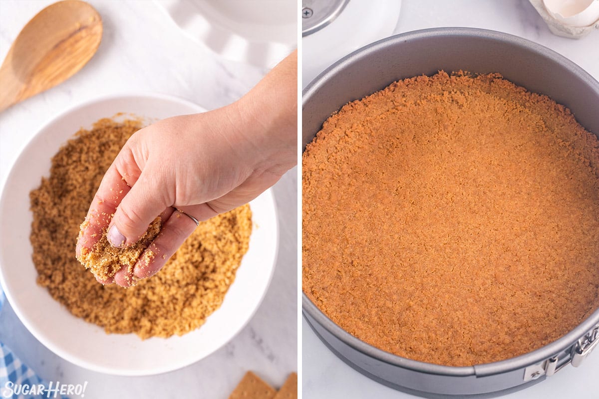 2 photo process picture of crumbled gingersnaps and crust pressed into a springform pan for the Gingerbread Cheesecake.