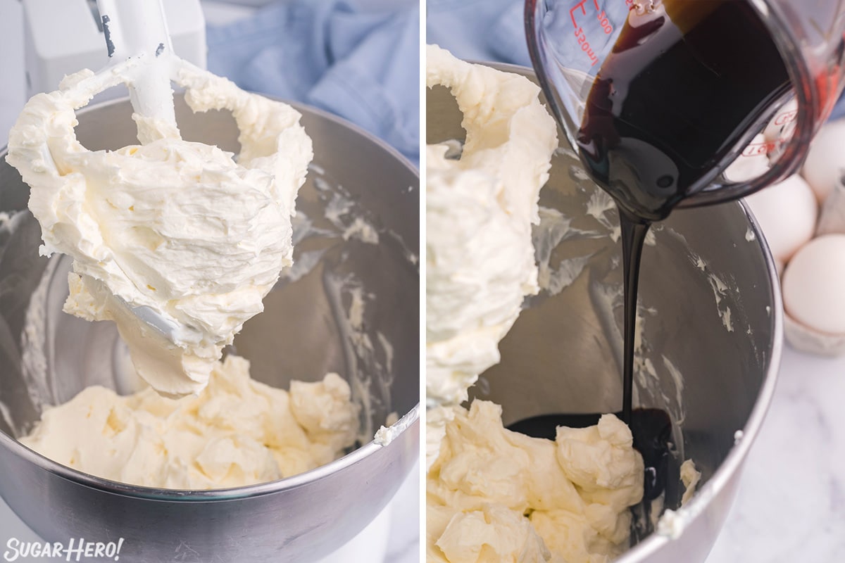 2 photo process picture of whipping cream cheese and adding molasses into the Gingerbread Cheesecake batter.
