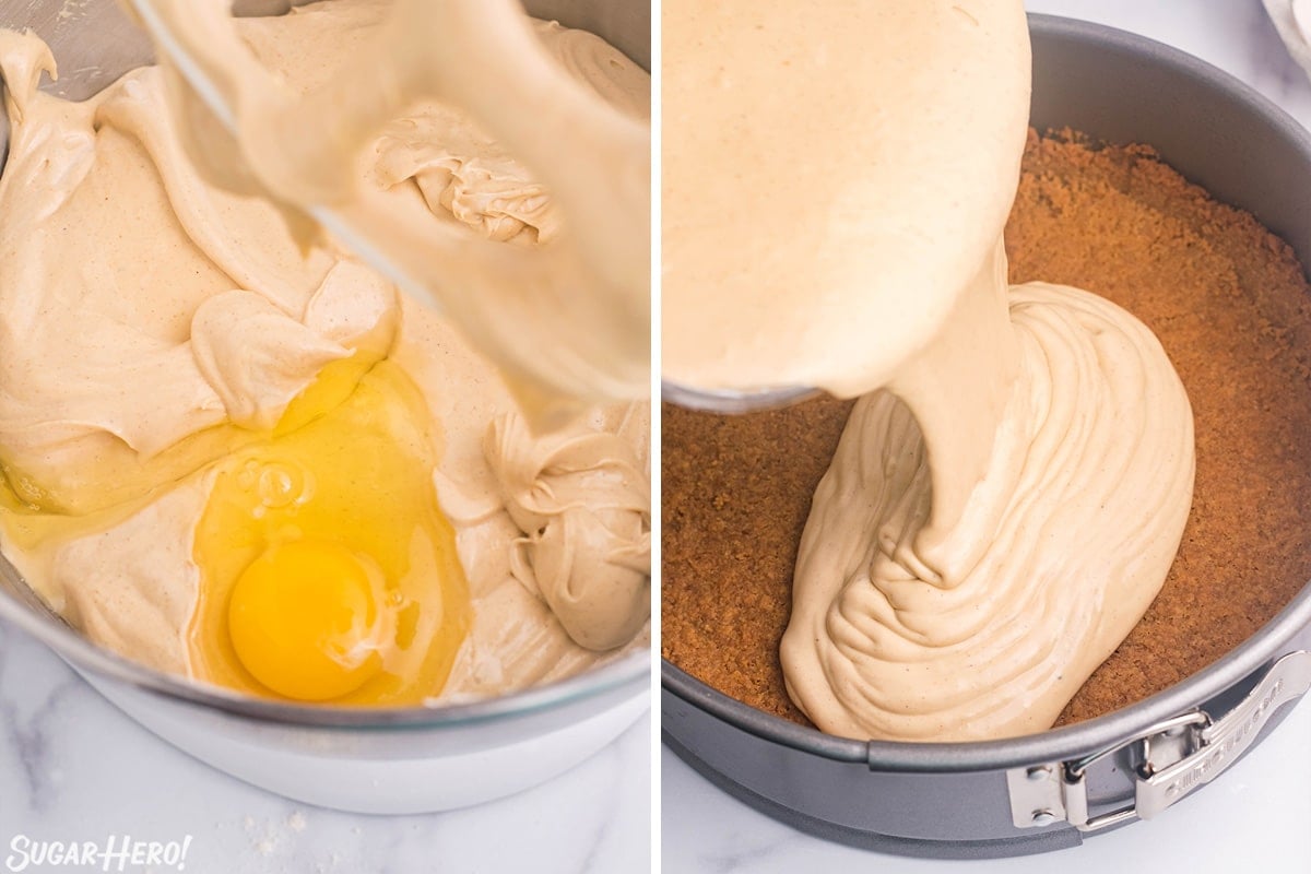 2 photo process picture mixing in the eggs and pouring the Gingerbread Cheesecake batter into a springform pan.