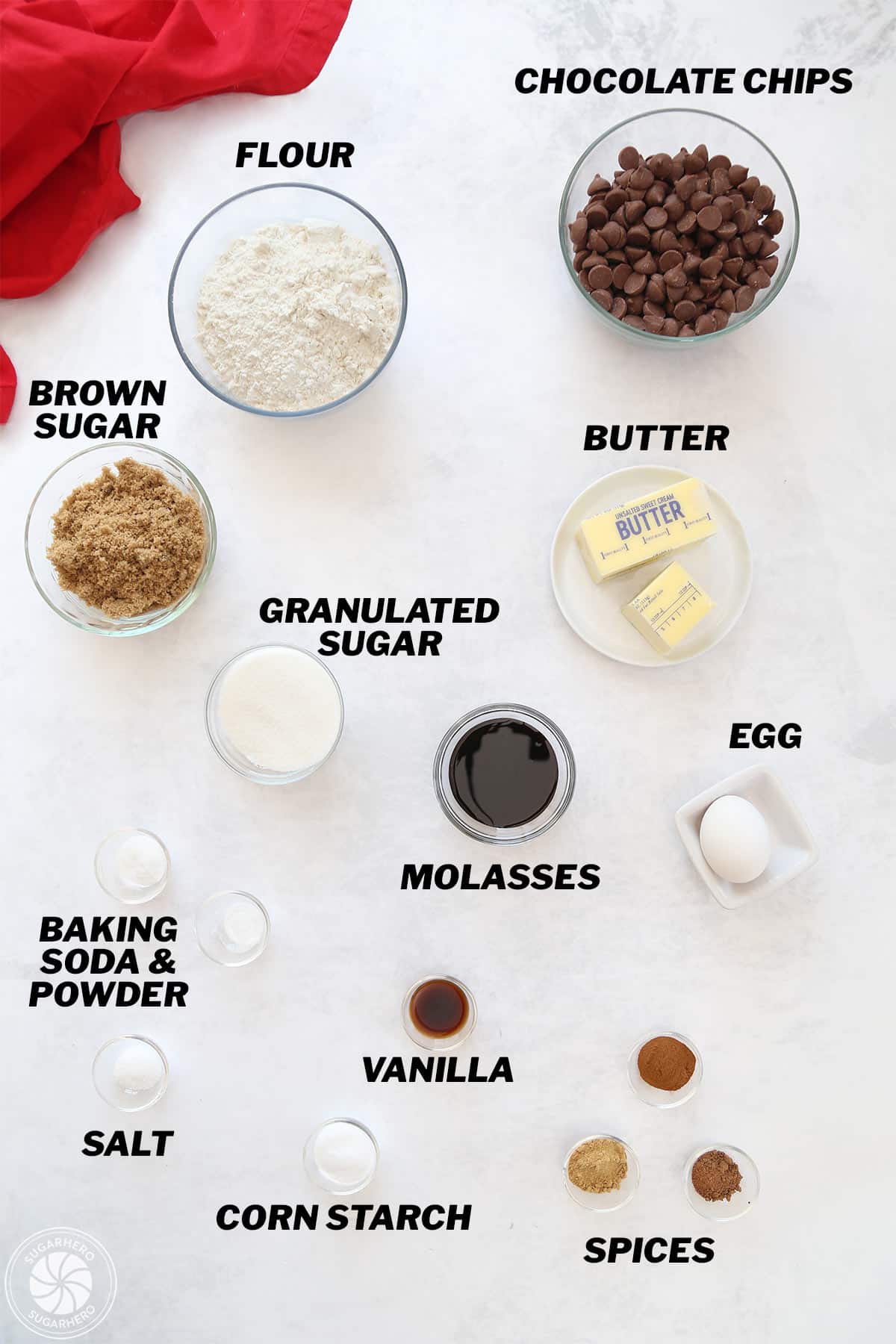 Overhead shot of ingredients needed to make Gingerbread Chocolate Chip Cookie Dough.