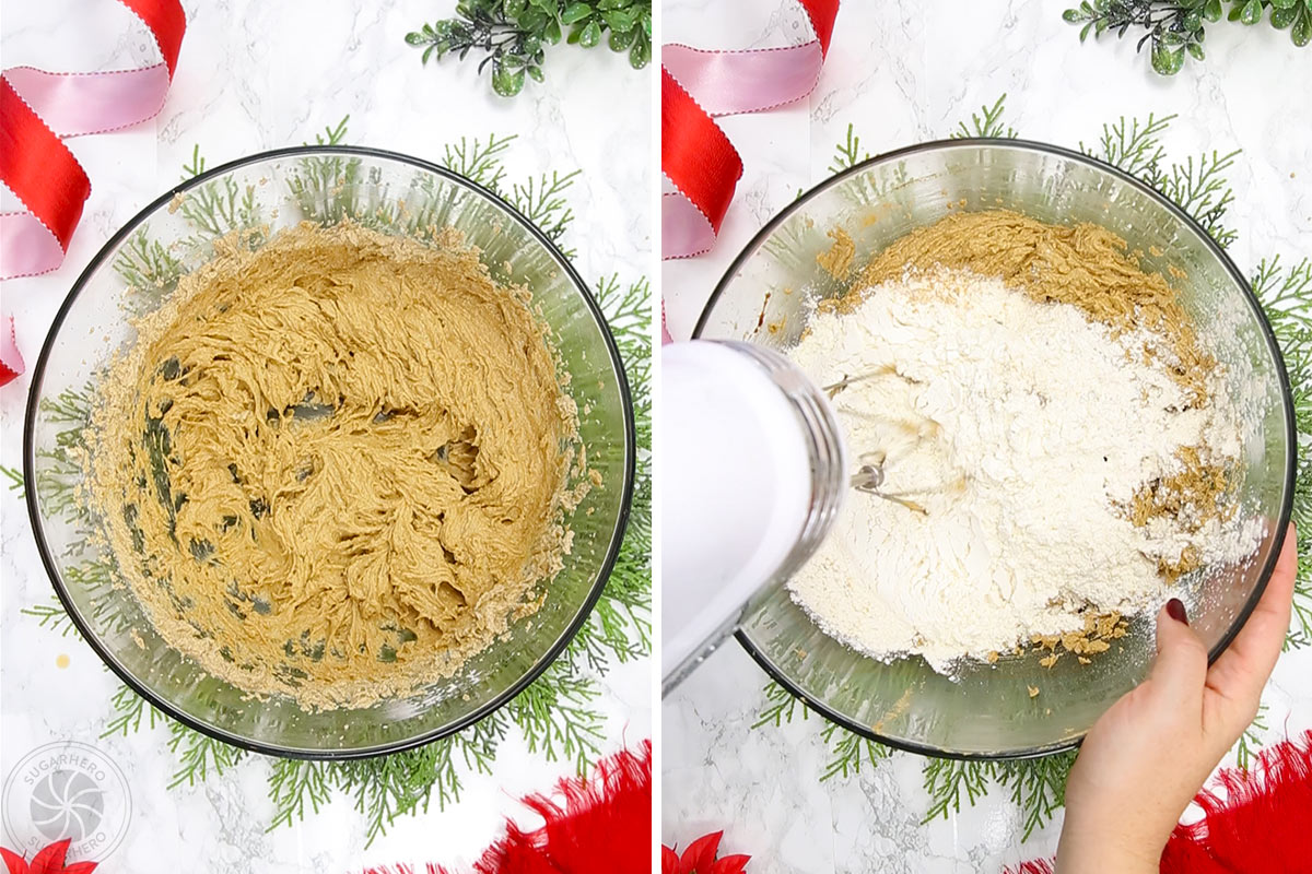 Two photo collage showing how to mix flour into the dough for Gingerbread Chocolate Chip Cookies.