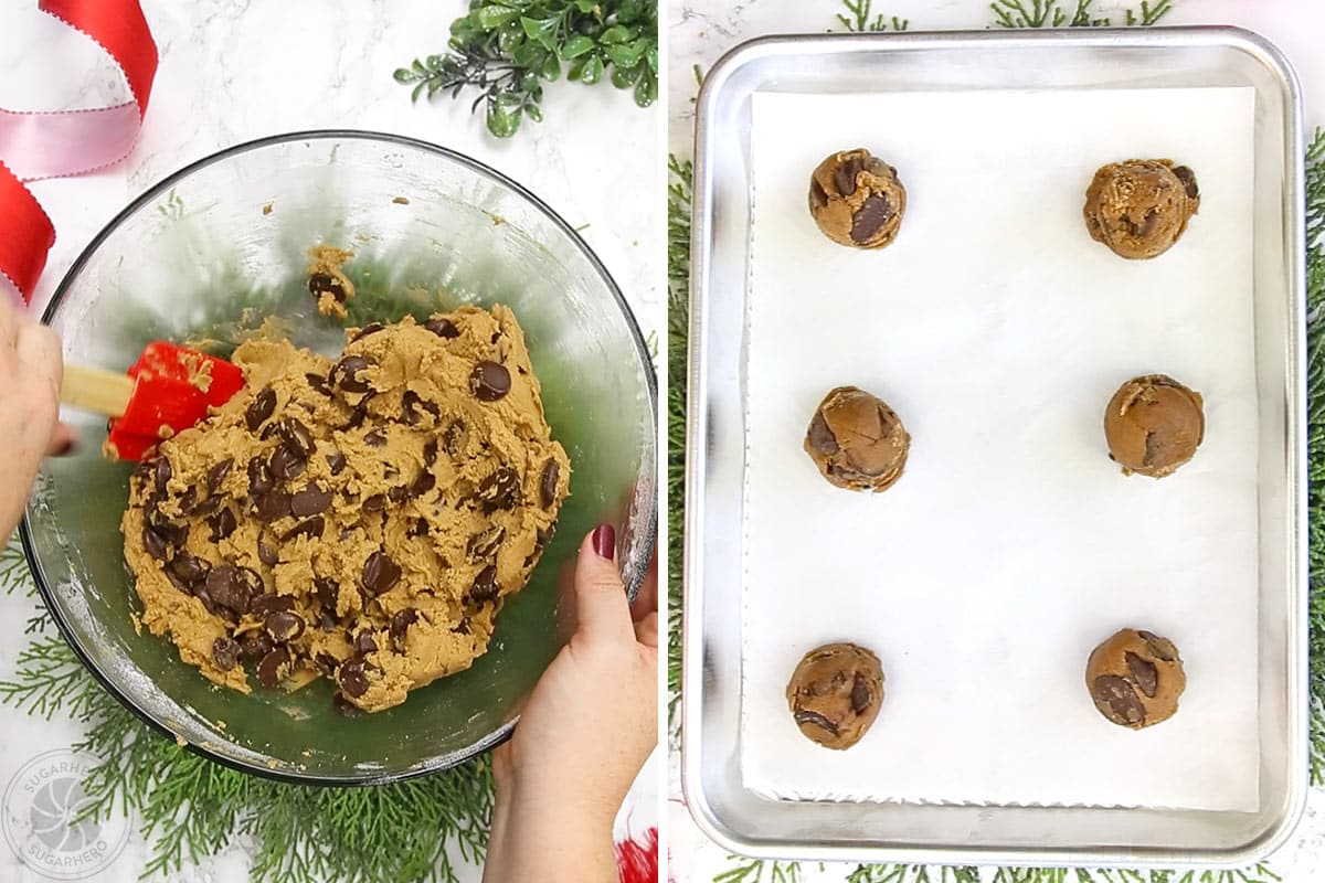 Two photo collage showing how to scoop Gingerbread Chocolate Chip Cookies.