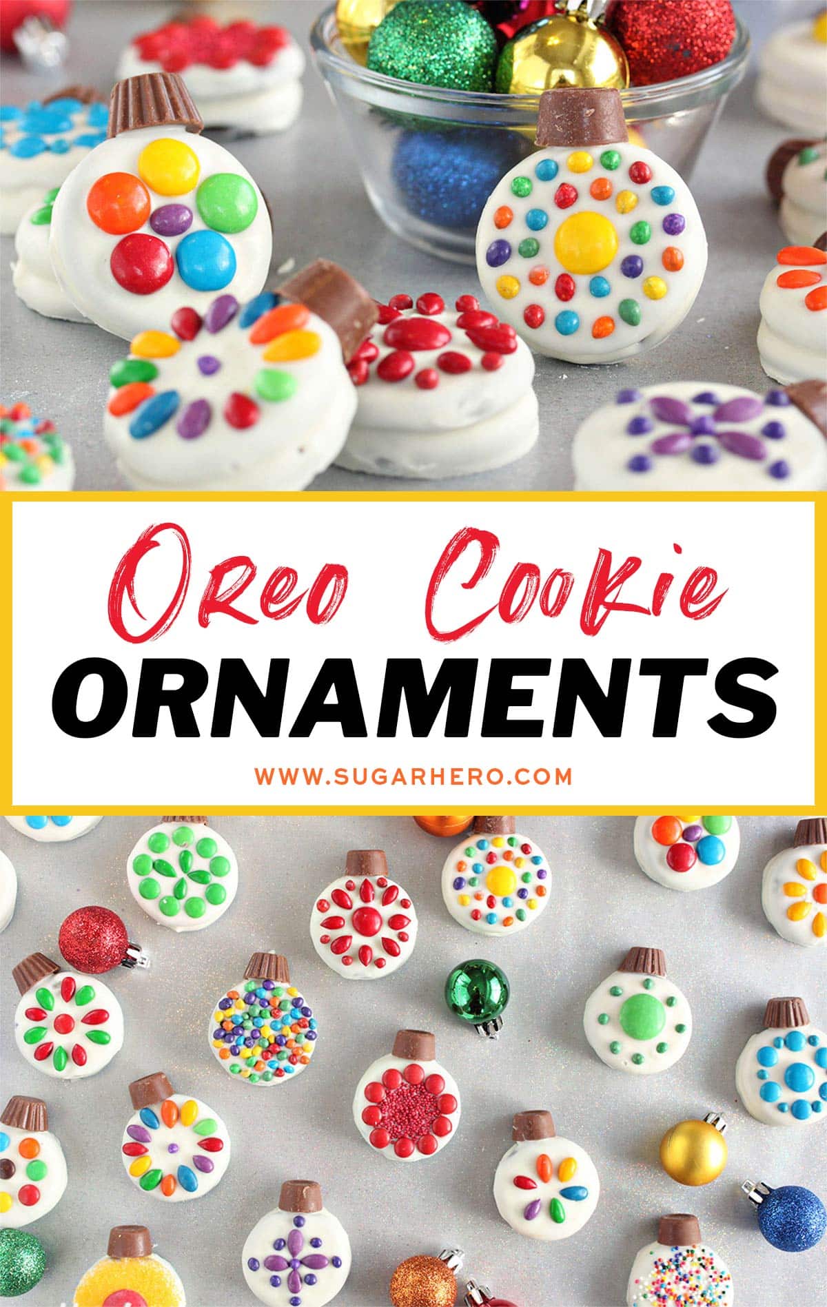 Two photo collage of Oreo Cookie Christmas Ornaments with text overlay for Pinterest.