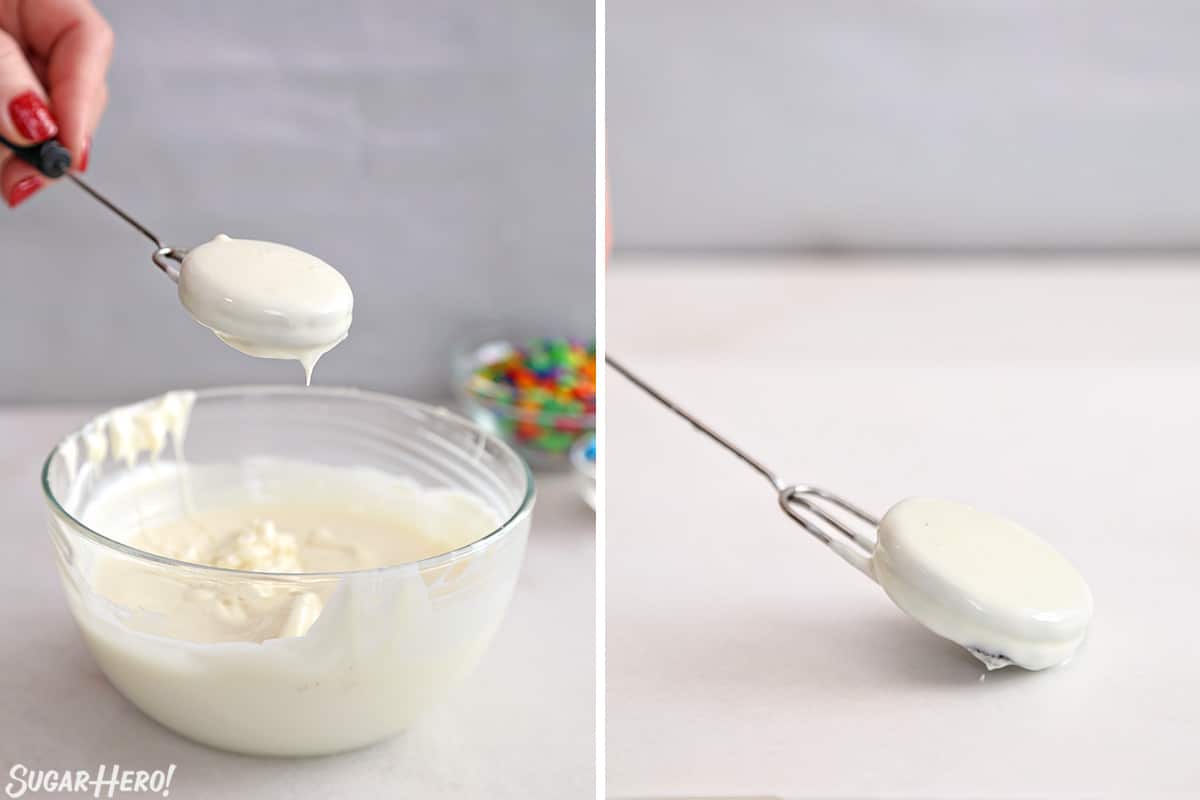 Two photo collage showing how to dip Oreo cookies in white chocolate.