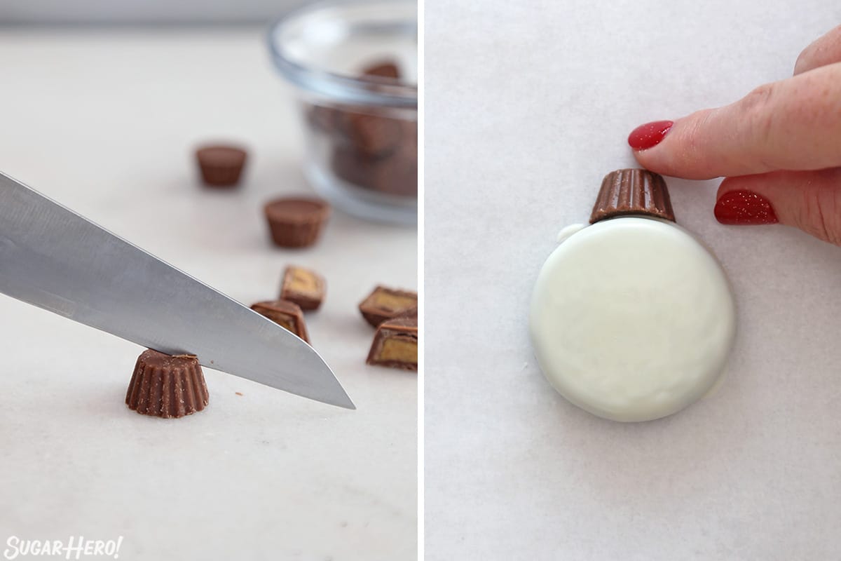Two photo collage showing how to add peanut butter cups to Oreo Cookie Christmas Ornaments.