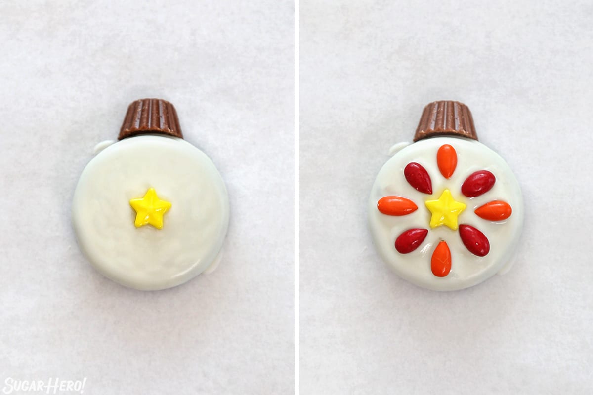 Two photo collage showing how to decorate Oreo Cookie Christmas Ornaments.