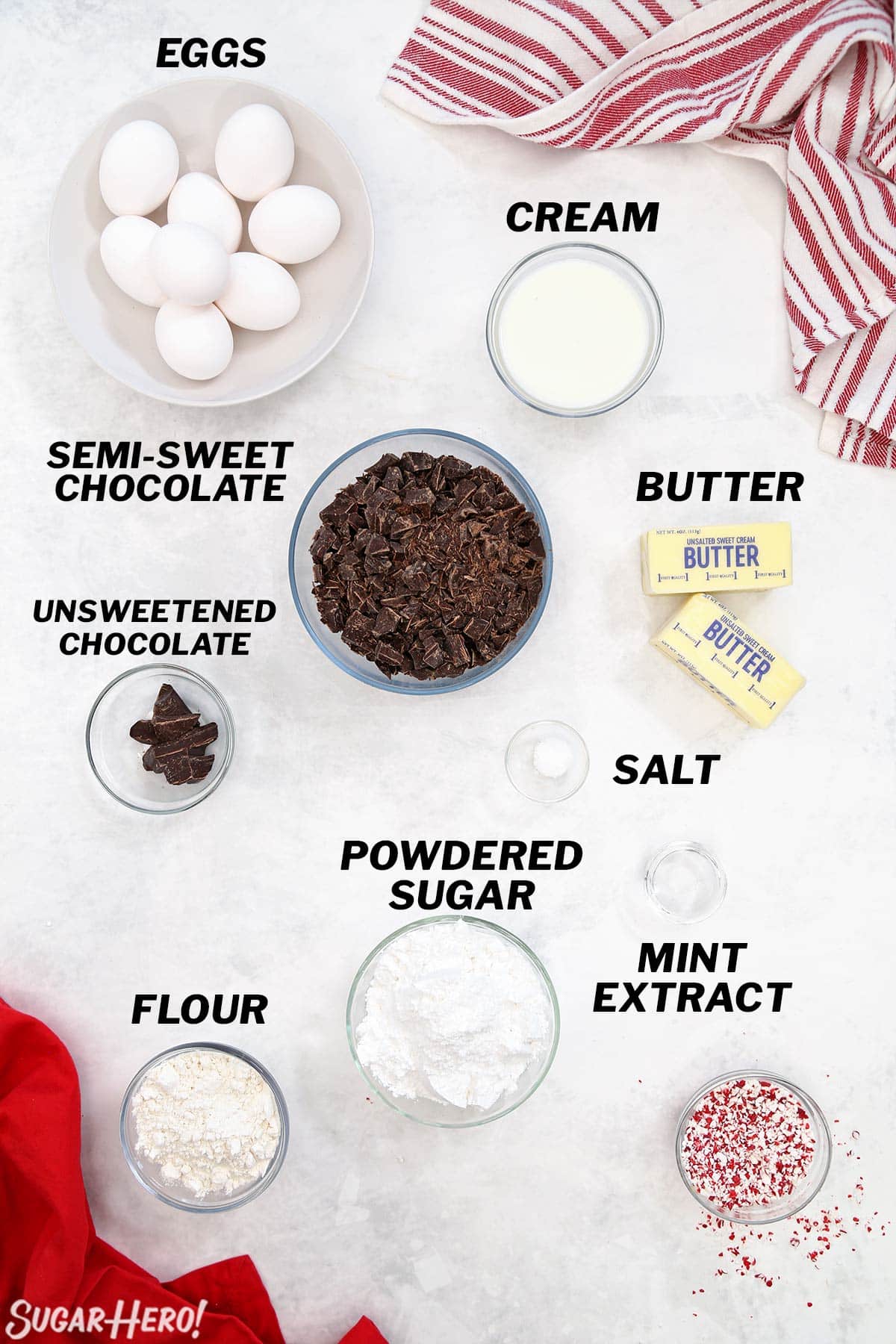 Overhead shot of ingredients needed to make Peppermint Lava Cakes.