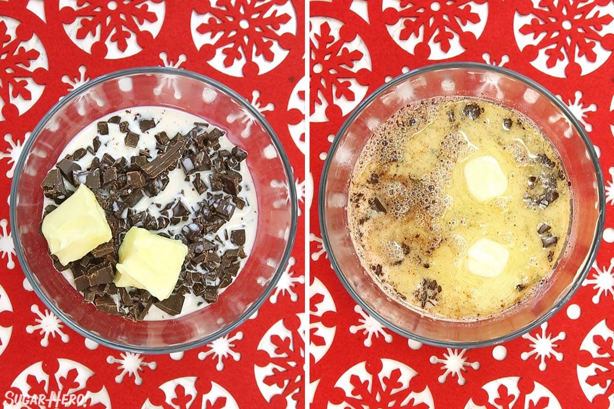 Two-photo collage showing how to make ganache for Peppermint Lava Cakes.