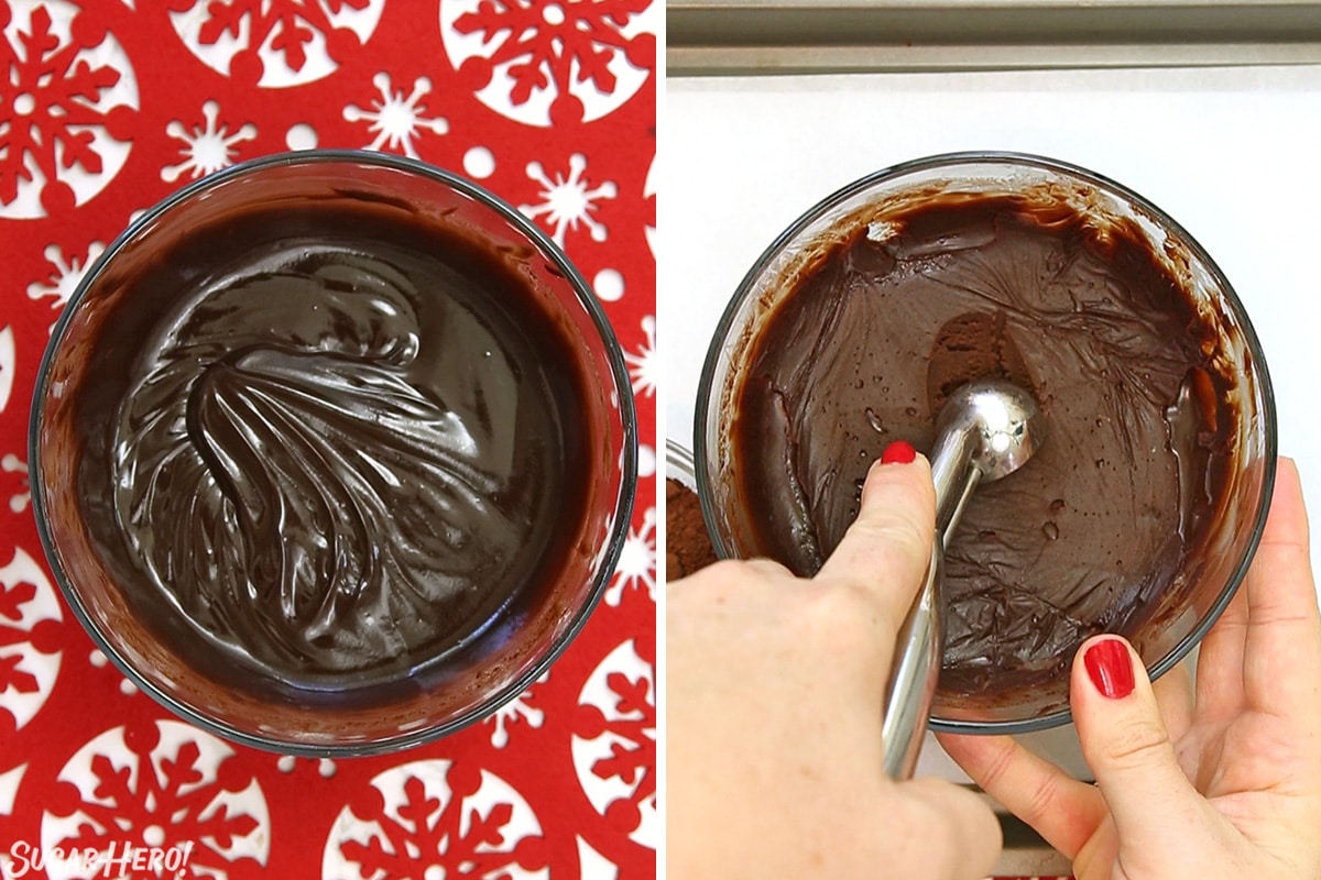Two-photo collage showing how to whisk and scoop ganache for Peppermint Lava Cakes.