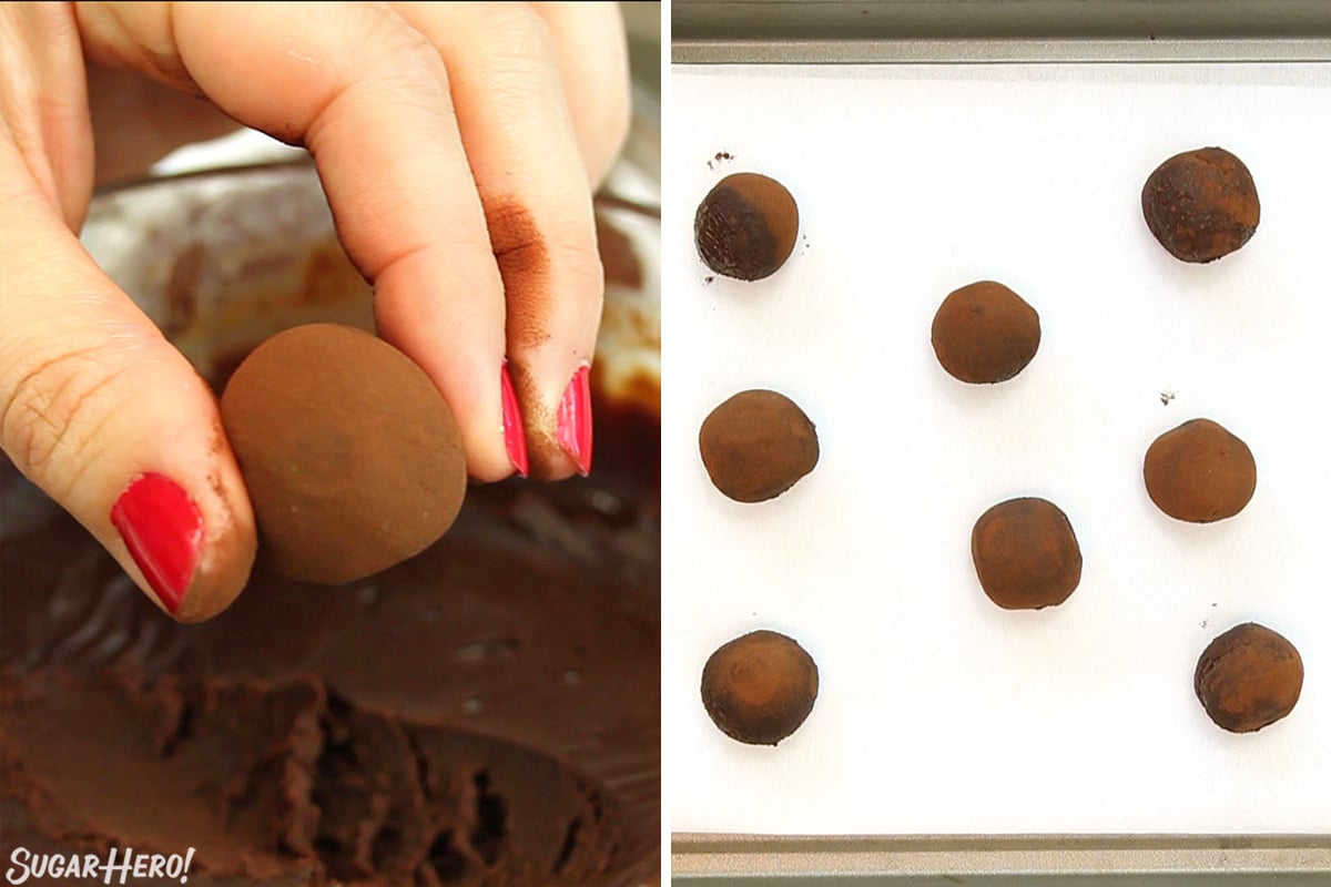 Two-photo collage showing how scoop and roll truffles to for Peppermint Lava Cakes.
