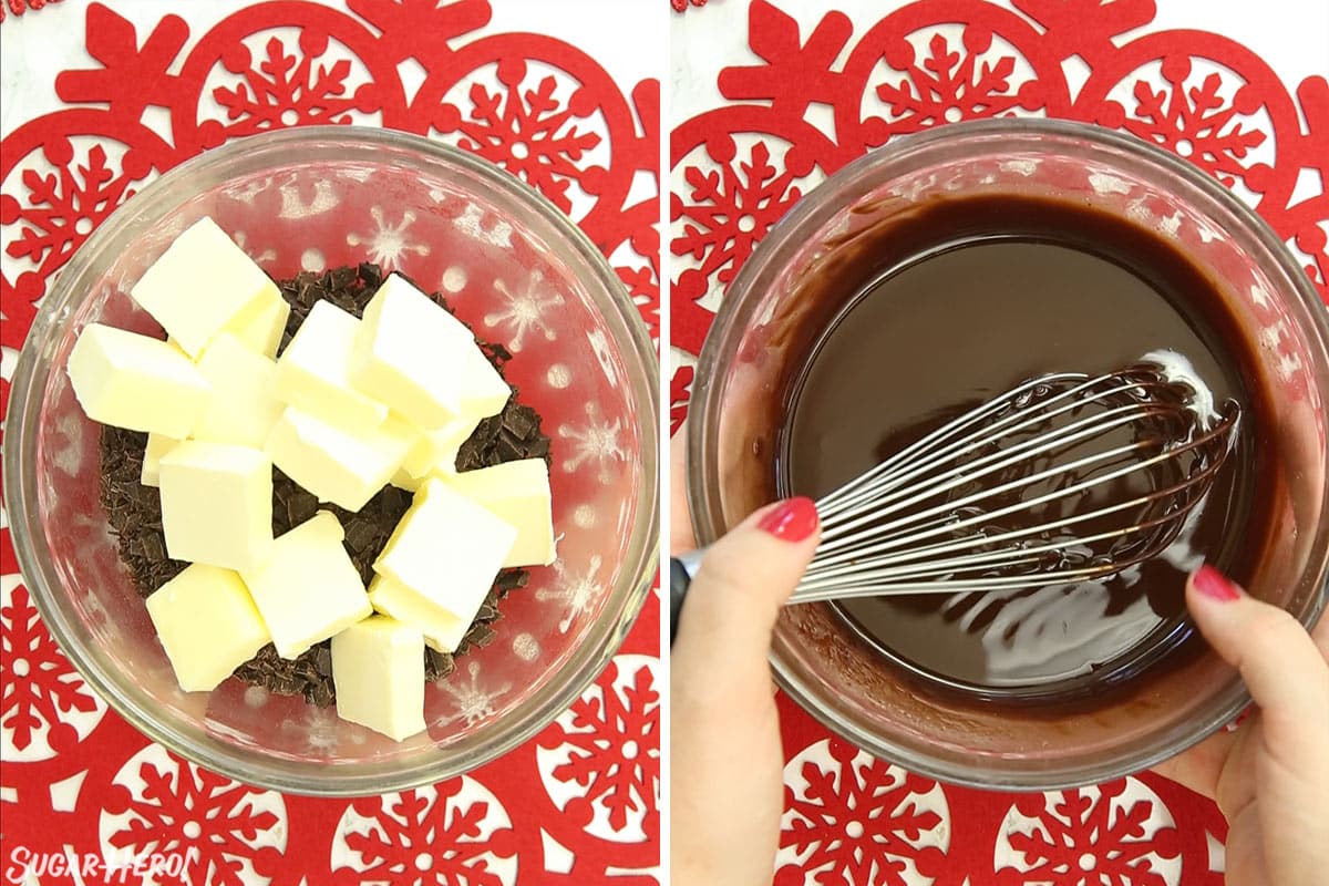 Two-photo collage showing how to melt chocolate and butter for Peppermint Lava Cakes.