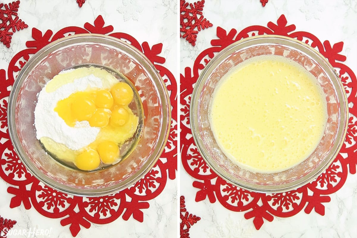 Two-photo collage showing how to mix eggs and sugar for Peppermint Lava Cakes.