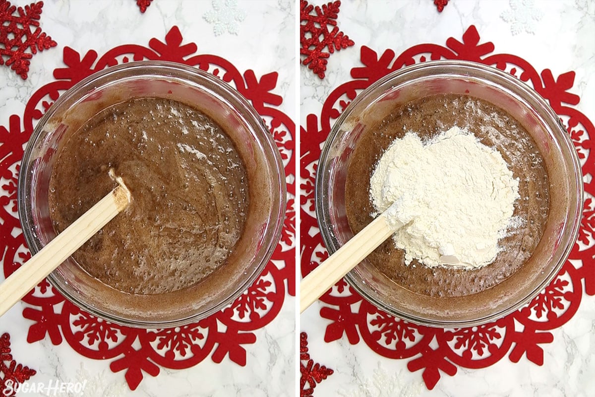 Two-photo collage showing how to add flour to cake batter for Peppermint Lava Cakes.