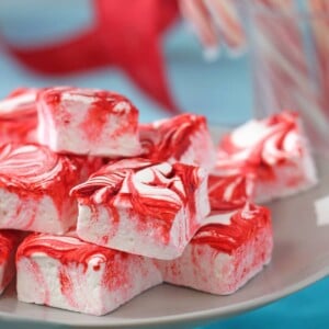 Pile of Peppermint Swirl Marshmallows on a plate.