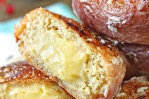 Photo of Crème Brûlée Donuts with text overlay for Pinterest.