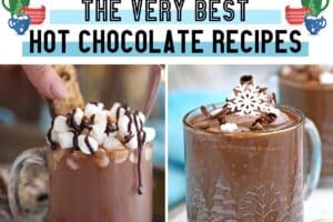 6 photo collage of Hot Chocolate Recipes for round up with text overlay.