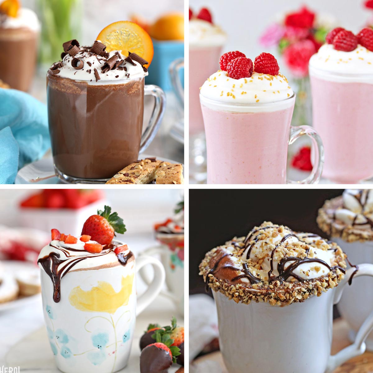 Four photo collage of hot chocolate pictures.