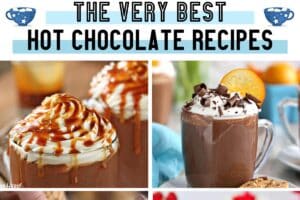 Six photo collage of hot chocolate pictures with text overlay.