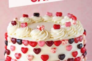 Photo of Pink and Red Velvet Cake with text overlay for Pinterest.